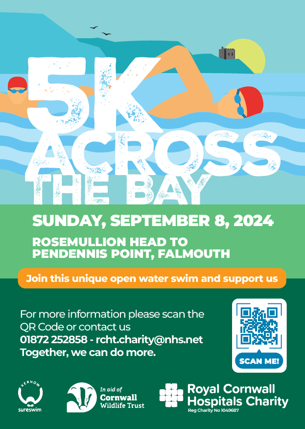 The 5K Across the Bay event poster, including information that the event will take place on Sunday 8th September 2024, from Rosemullion Head to Pendennis Point, Falmouth.